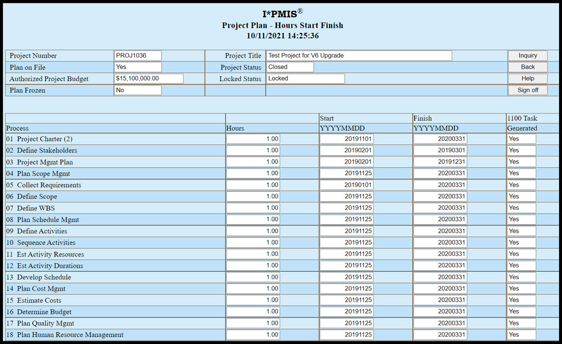 Planned Start Finish Report